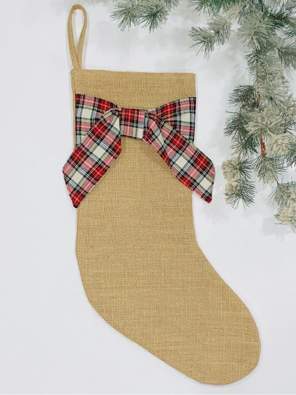 Mud Pie Burlap and Tartan Plaid Classic Christmas Stocking